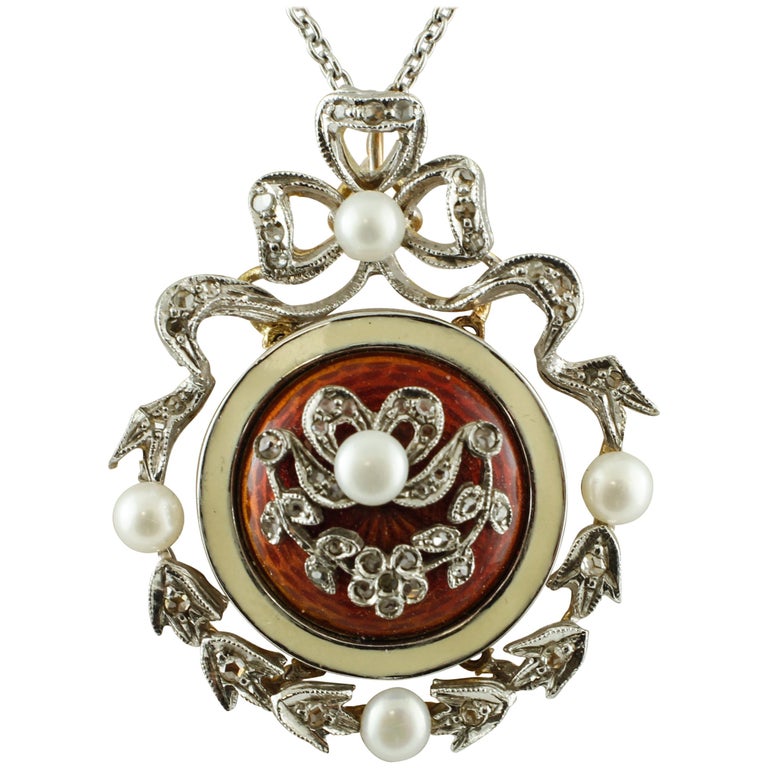 Diamonds, Pearls, 14 Karat White Gold Necklace with Pendant For Sale at  1stDibs