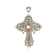 Diamonds Pearls 9 Karat Yellow Gold and Silver Cross Pendant Necklace