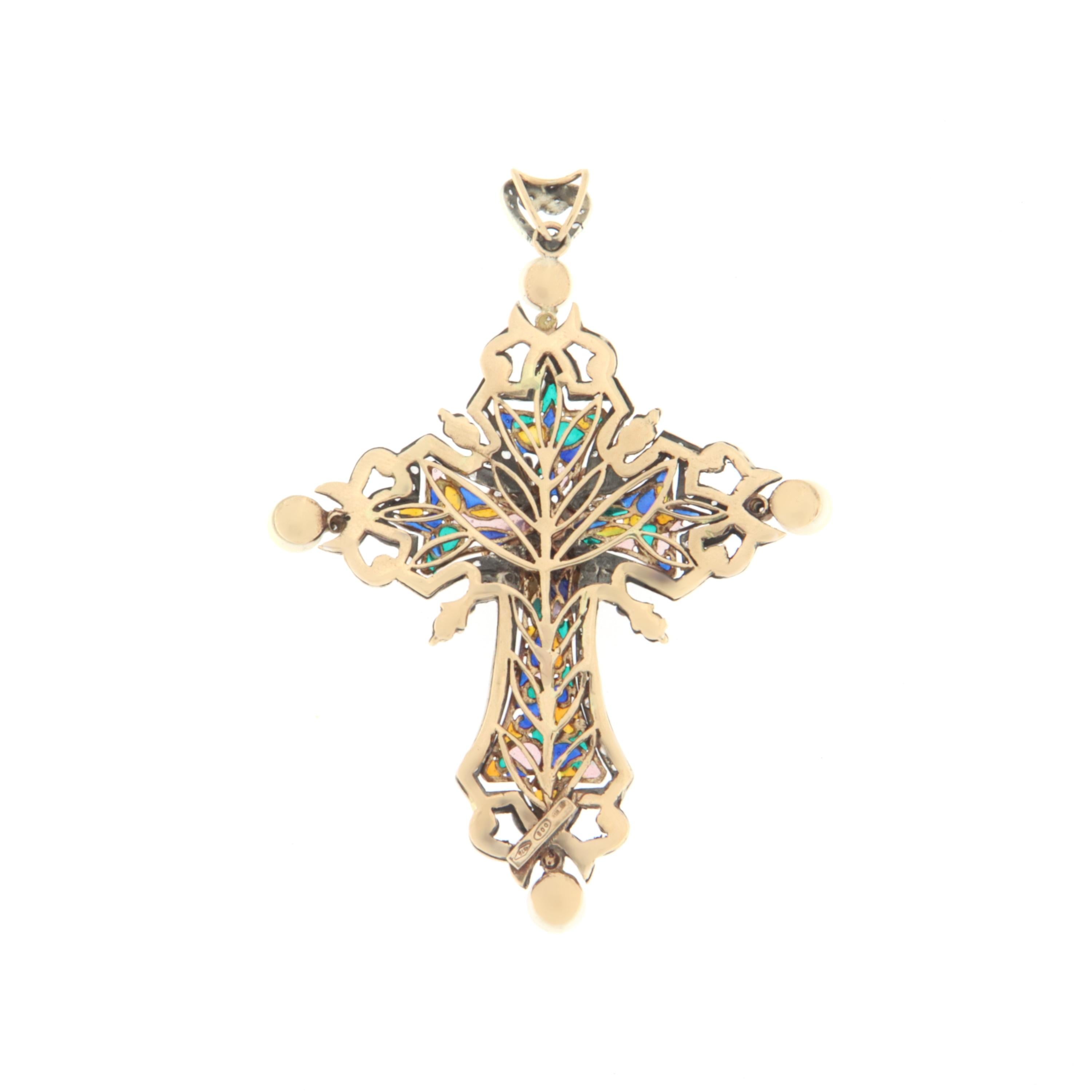 Halskette mit Kreuzanhänger aus 14 Karat Gelbgold mit Diamanten, Perlen und Silber (Kunsthandwerker*in) im Angebot