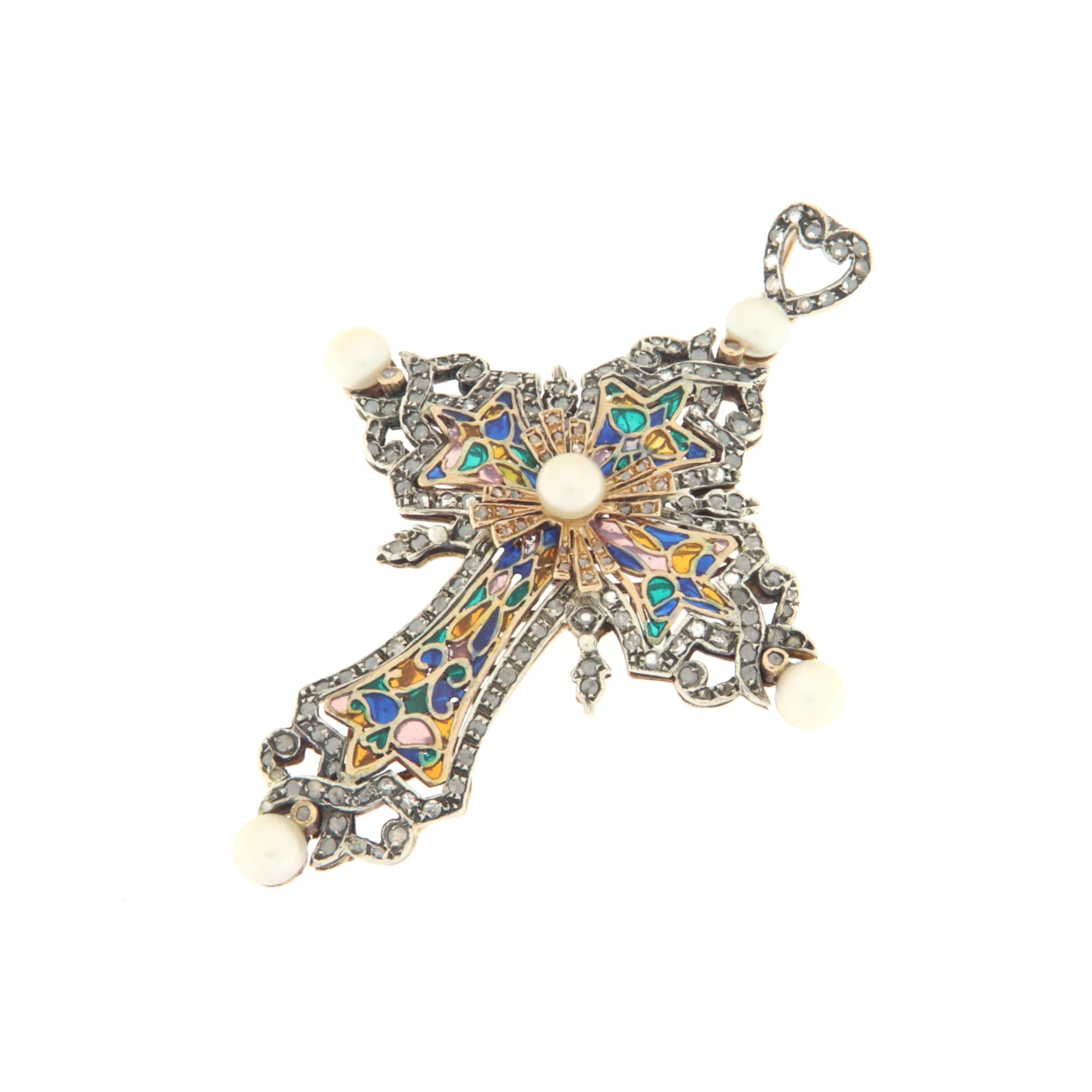 Halskette mit Kreuzanhänger aus 14 Karat Gelbgold mit Diamanten, Perlen und Silber (Alteuropäischer Schliff) im Angebot