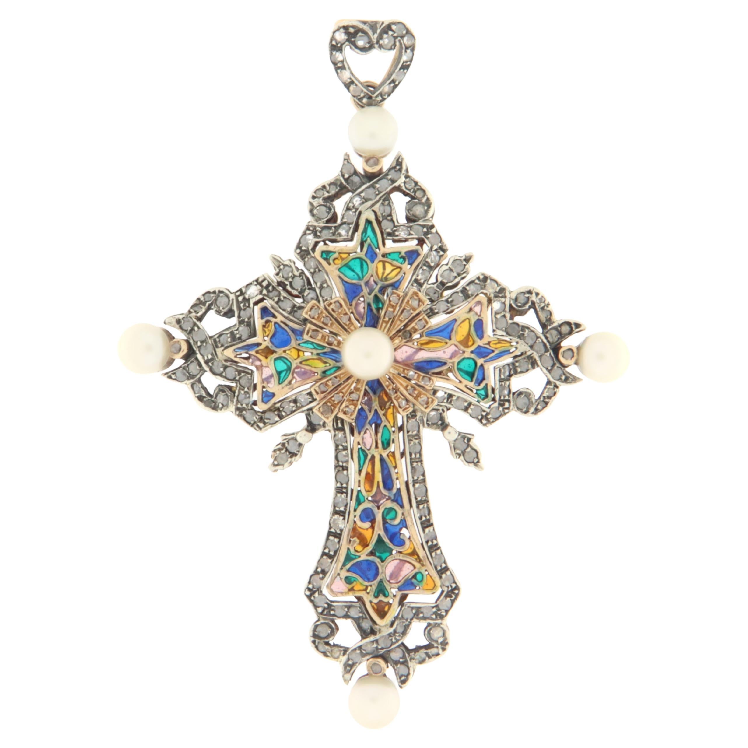 Collier pendentif croix en or jaune 14 carats et argent avec diamants et perles