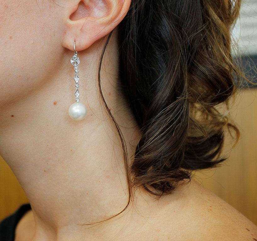 Women's Diamonds, Pearls, 14 Karat White Gold Dangle Earrings