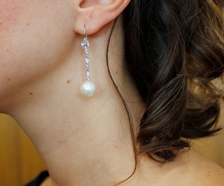 Diamonds, Pearls, 14 Karat White Gold Dangle Earrings 1