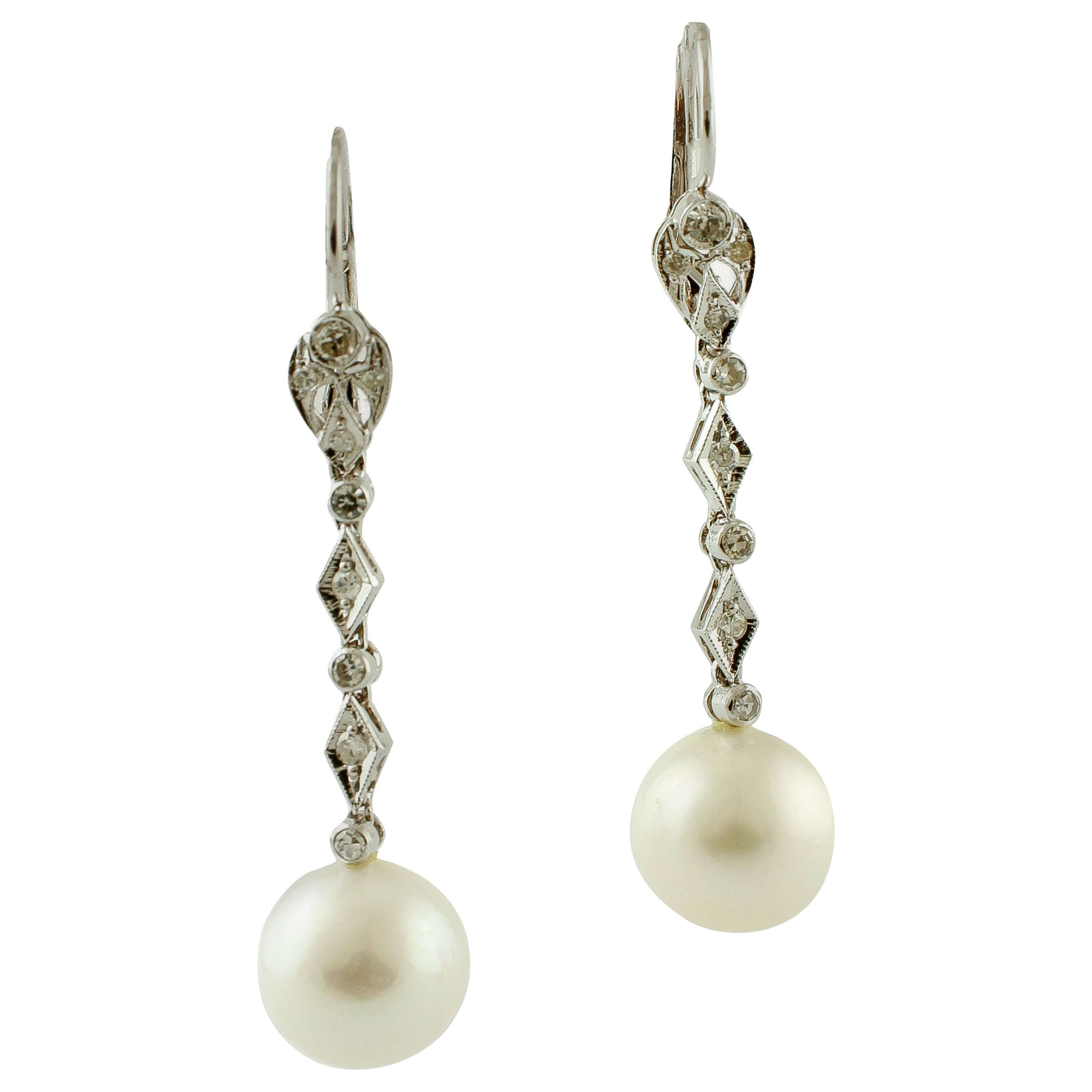 Diamonds, Pearls, 14 Karat White Gold Dangle Earrings
