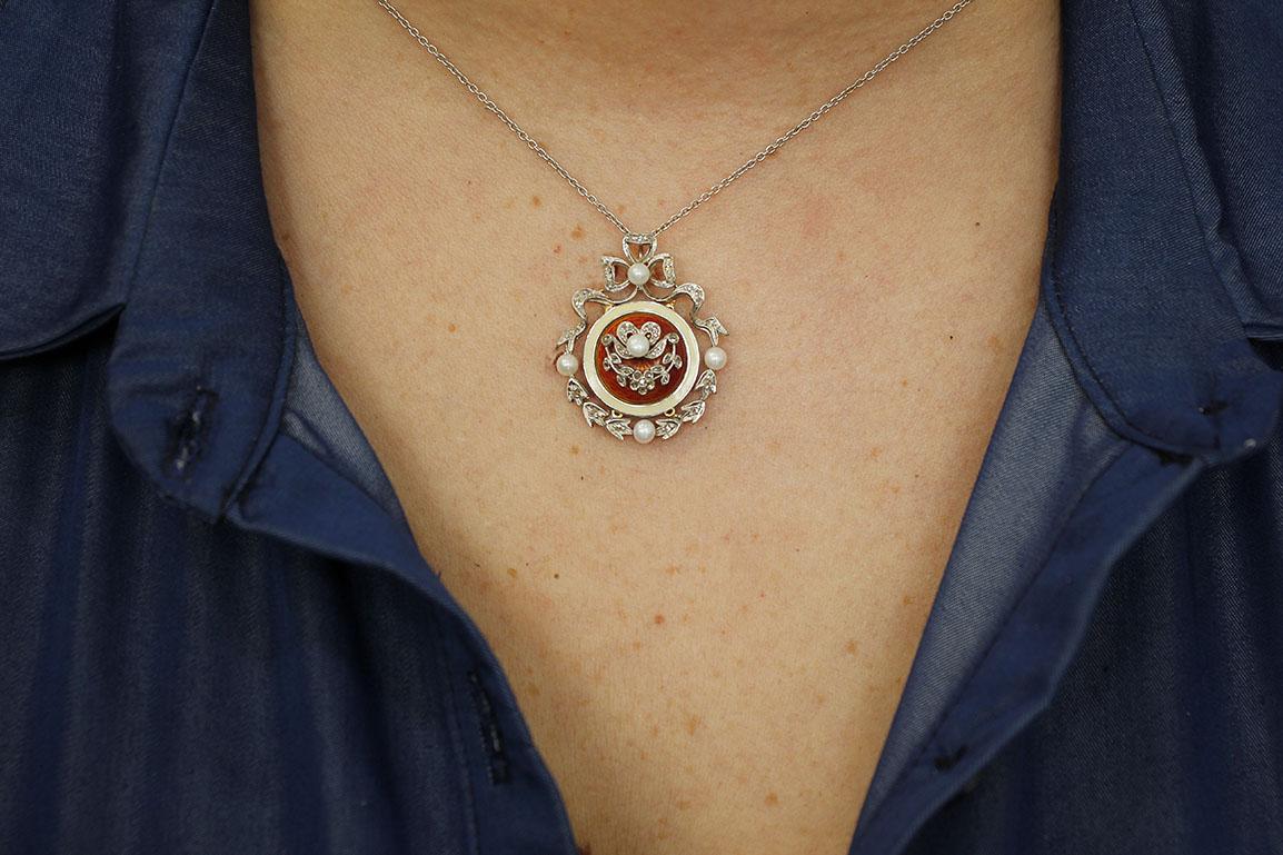 Diamonds, Pearls, 14 Karat White Gold Necklace with Pendant 2