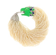 Diamonds Pearls 18 Karat White Gold Dragon Cuff Bracelet