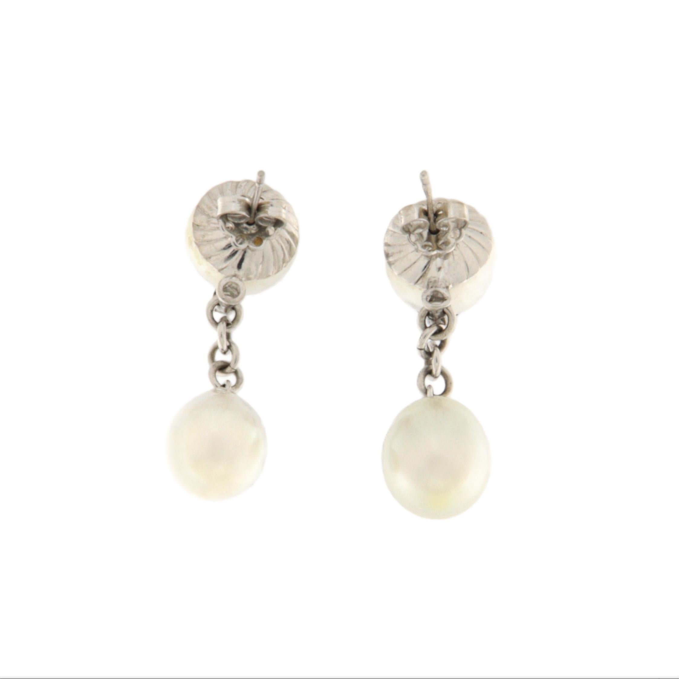 Brilliant Cut Diamonds Pearls 18 Karat White Gold Drop Earrings For Sale