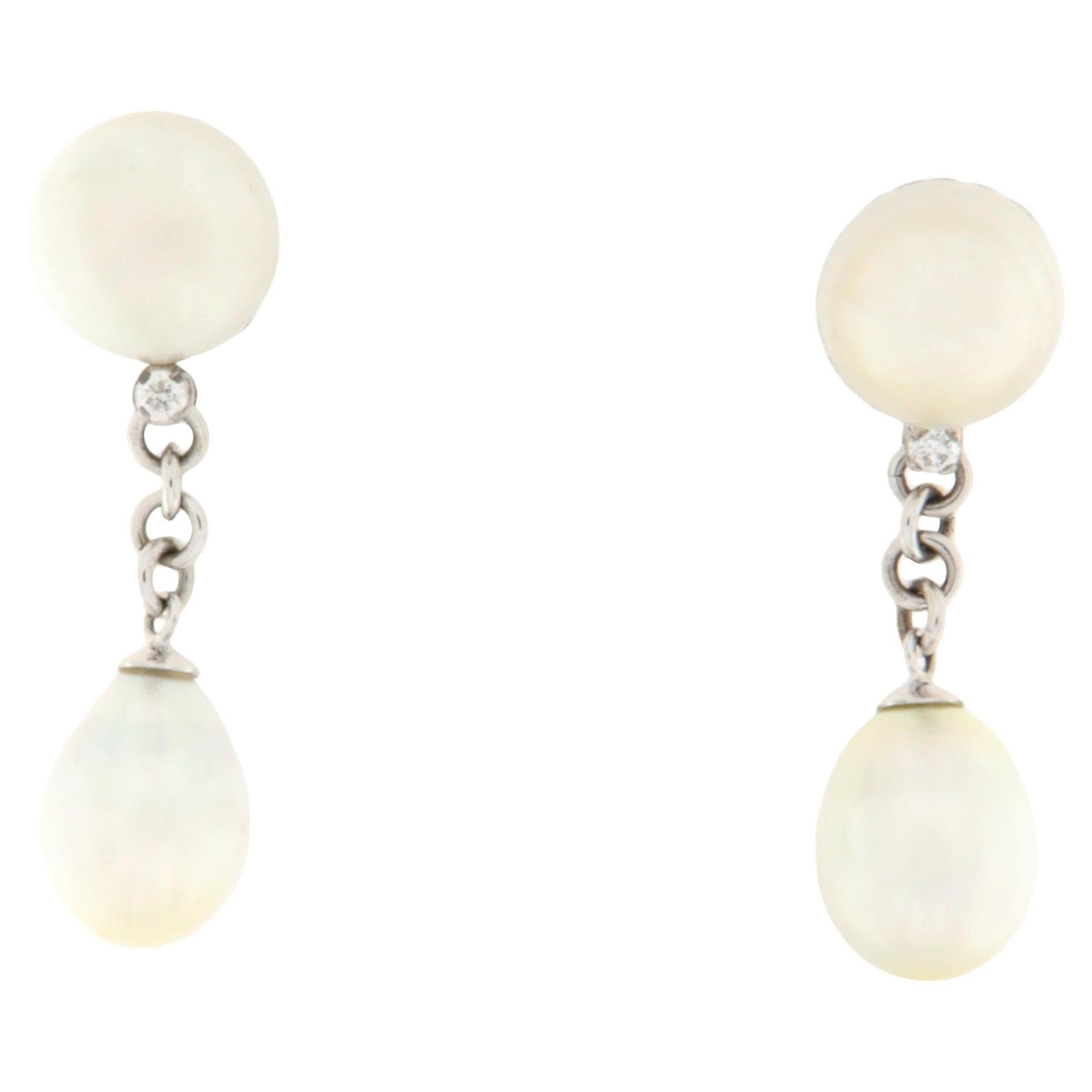 Diamonds Pearls 18 Karat White Gold Drop Earrings For Sale