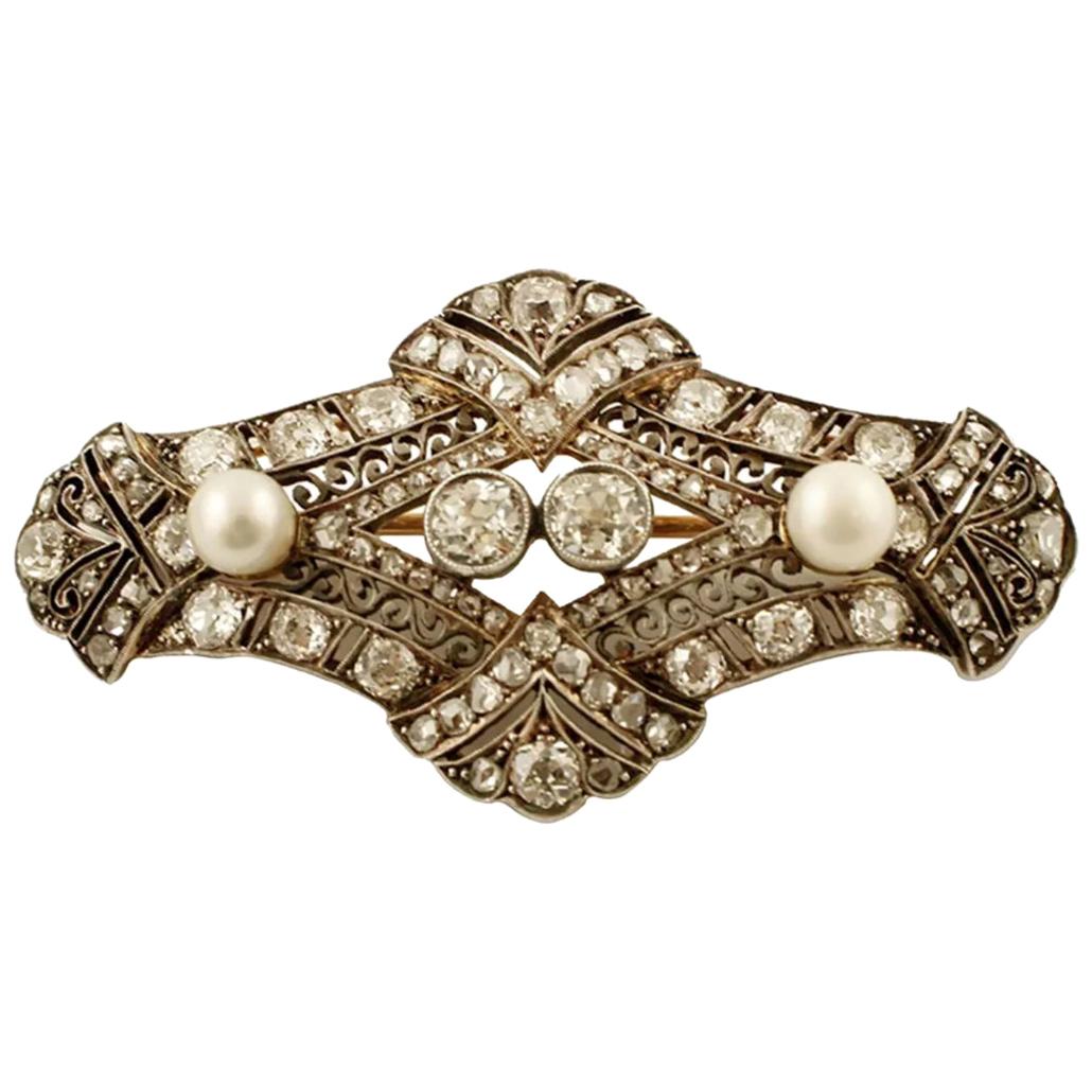 Diamonds, Pearls, 18 Karat Yellow Gold and Silver Retro Brooch For Sale