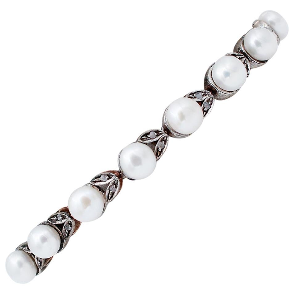 Armband aus 9 Karat Roségold mit Diamanten, Perlen, Silber und Silber
