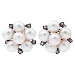 Diamonds, Pearls, 9 Karat Rose Gold and Silver Retrò Earrings.