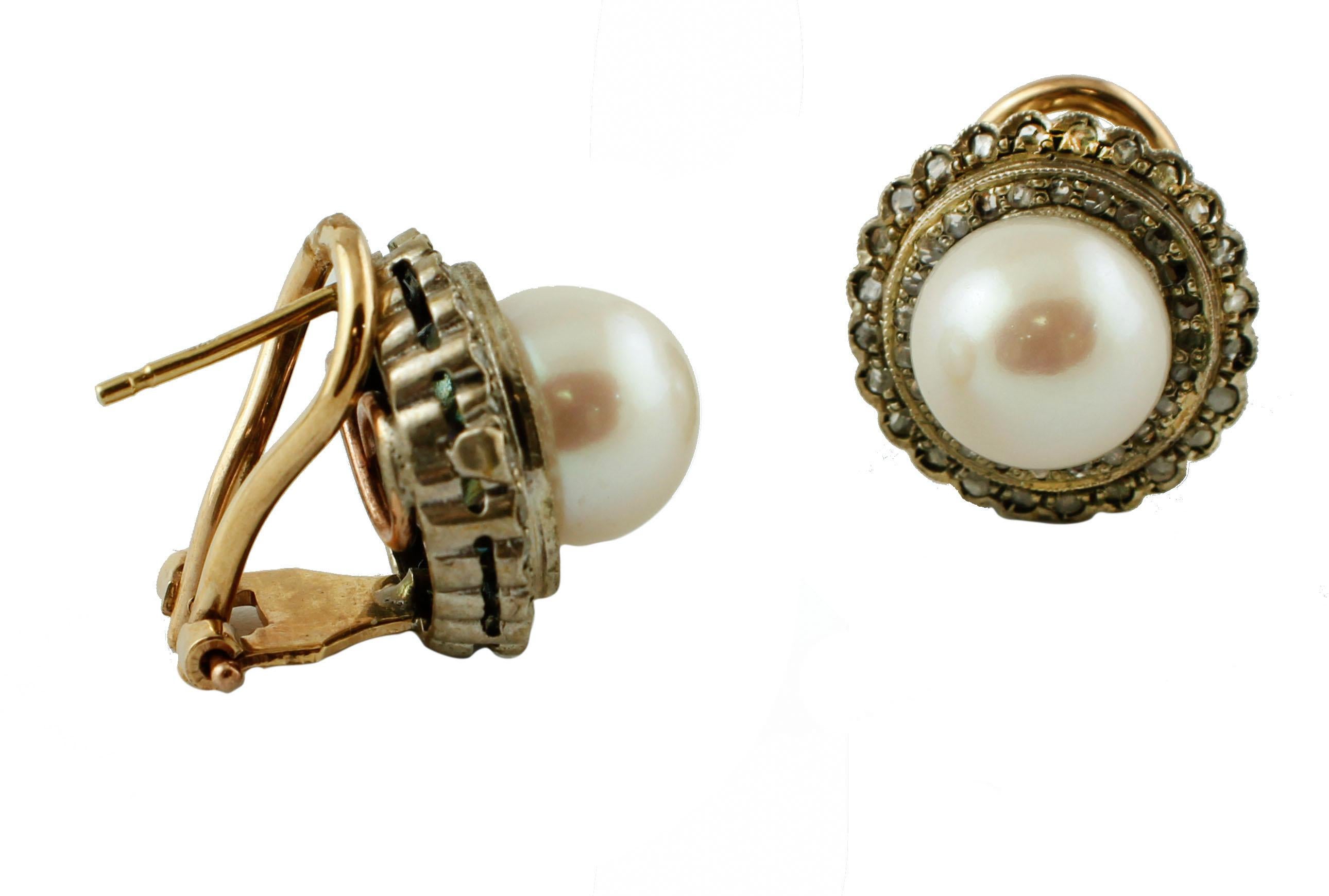 Women's Diamonds, Pearls, 9 Karat Rose Gold and Silver Retro Stud Earrings