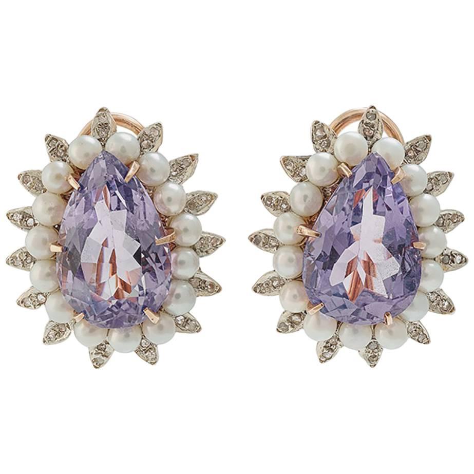 Diamonds Pearls Amethyst Rose Gold and Silver Earrings