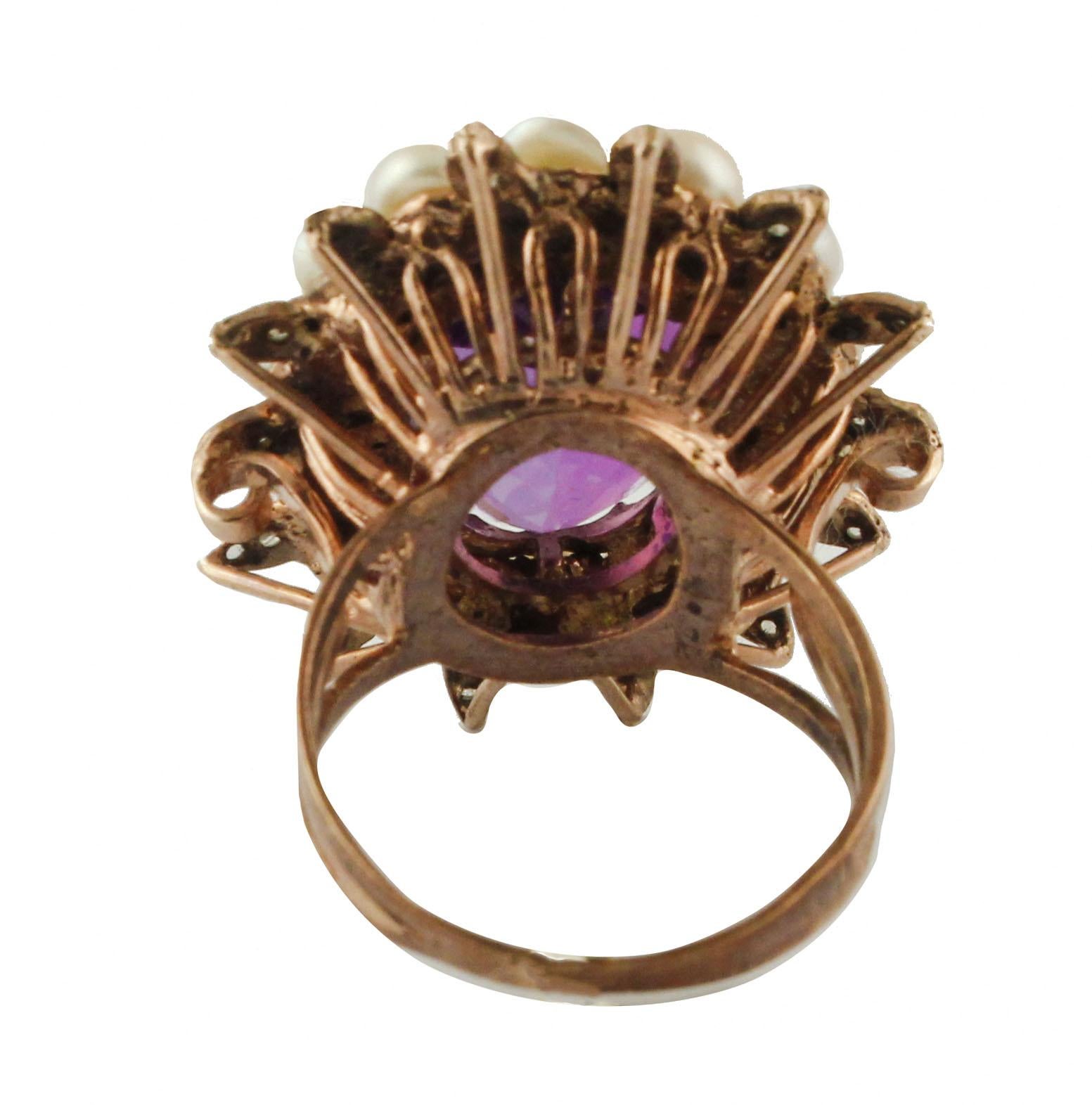 Retro Diamonds Pearls Amethyst Rose Gold and Silver Ring