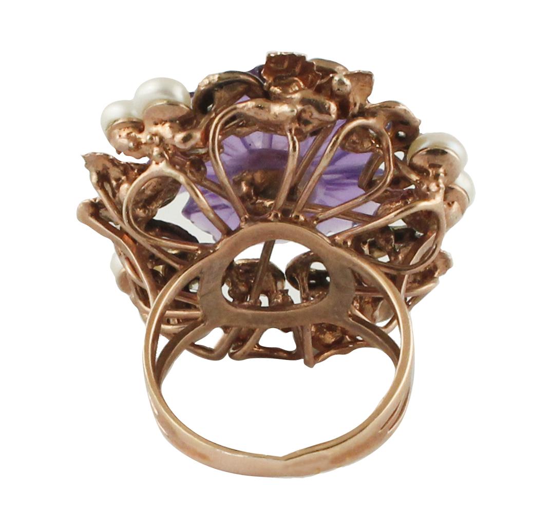 Retro Diamonds Pearls Amethyst Rose Gold and Silver Ring