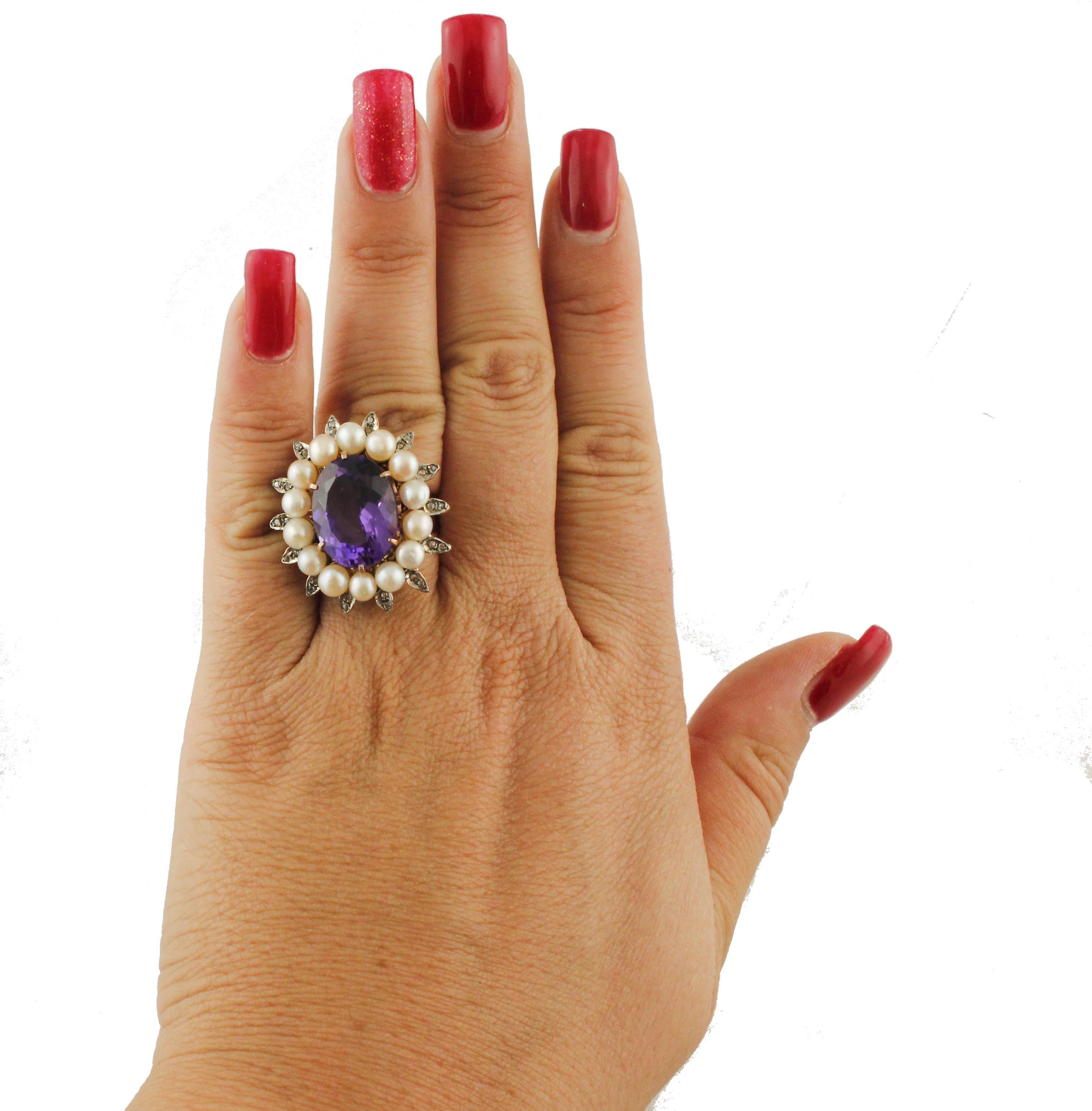 Diamonds Pearls Amethyst Rose Gold and Silver Ring In Good Condition In Marcianise, Marcianise (CE)