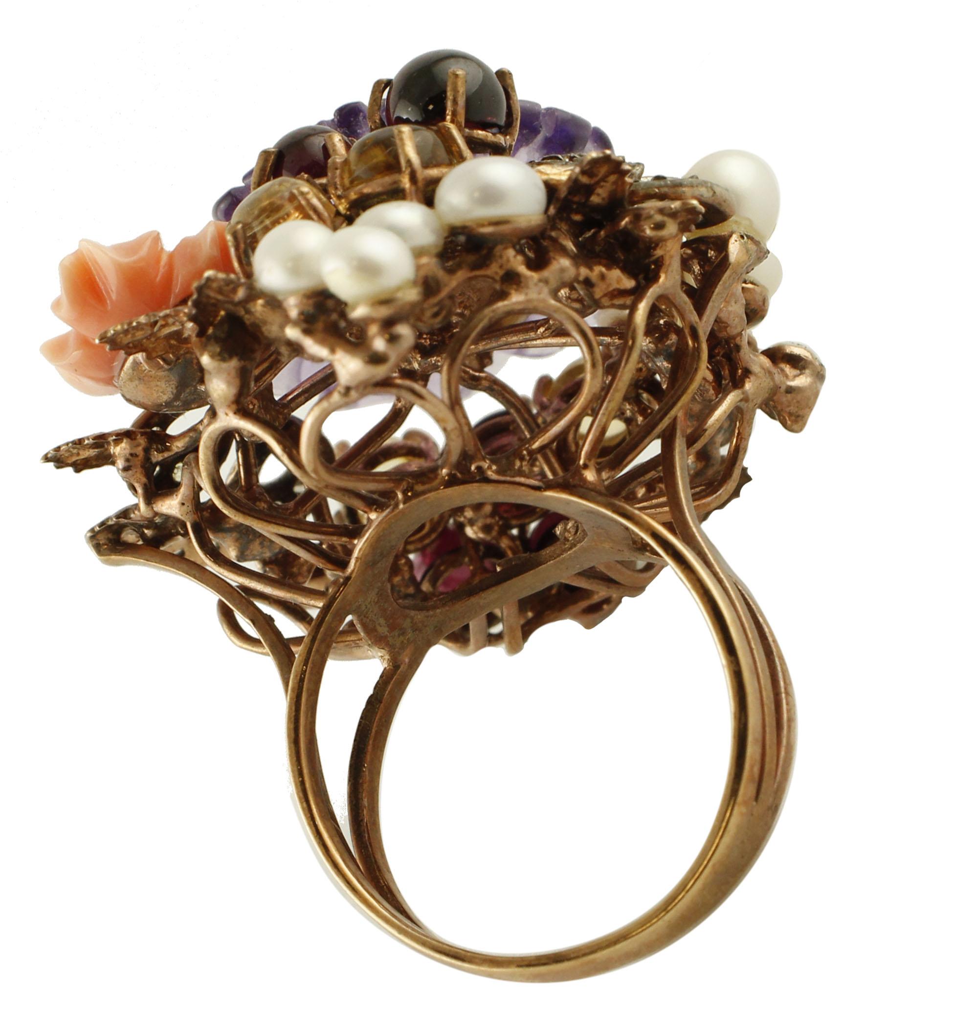 Mixed Cut Diamonds Pearls Coral Topèazes Garnet Amethyst Rose Gold and Silver Ring For Sale
