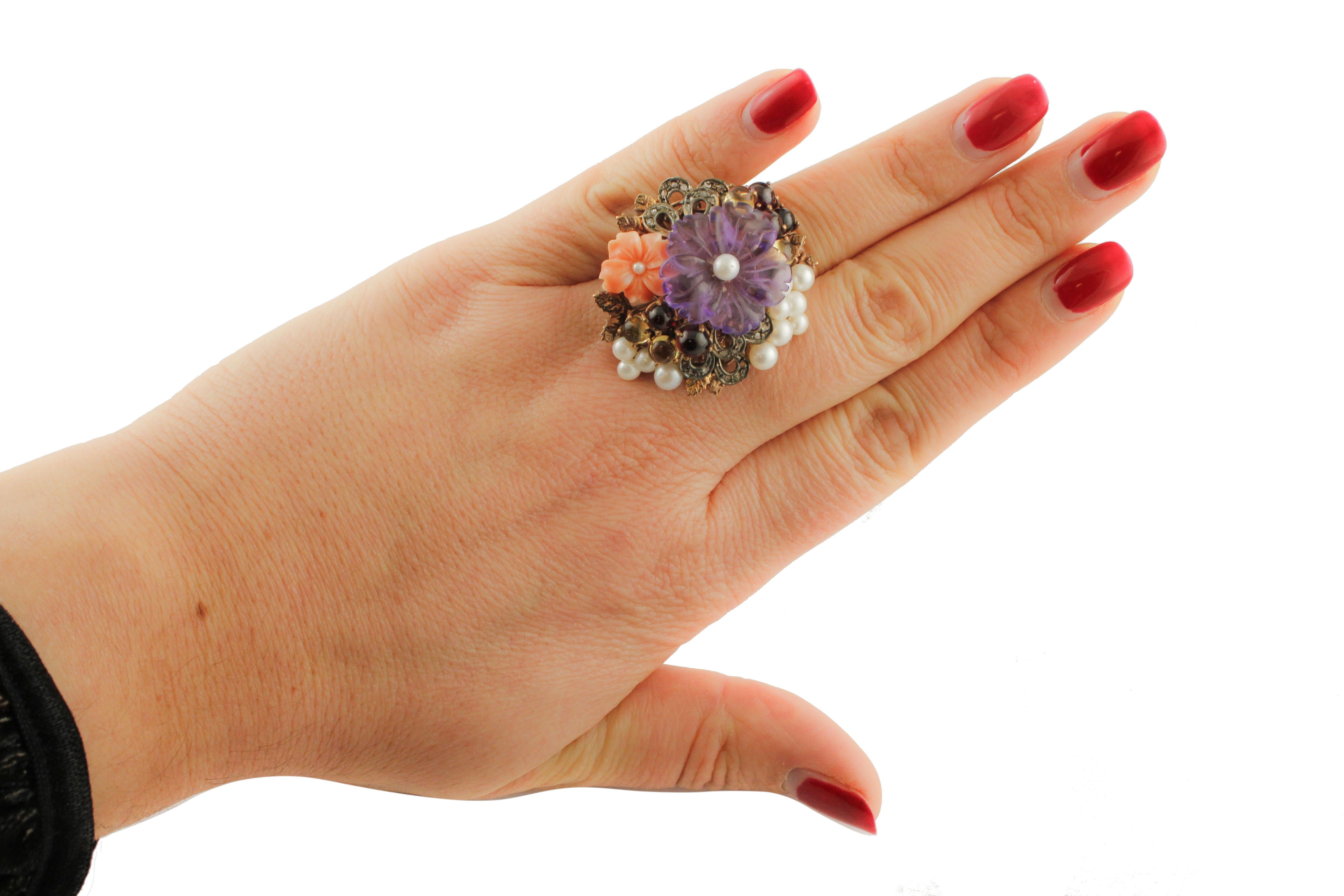 Women's Diamonds Pearls Coral Topèazes Garnet Amethyst Rose Gold and Silver Ring For Sale