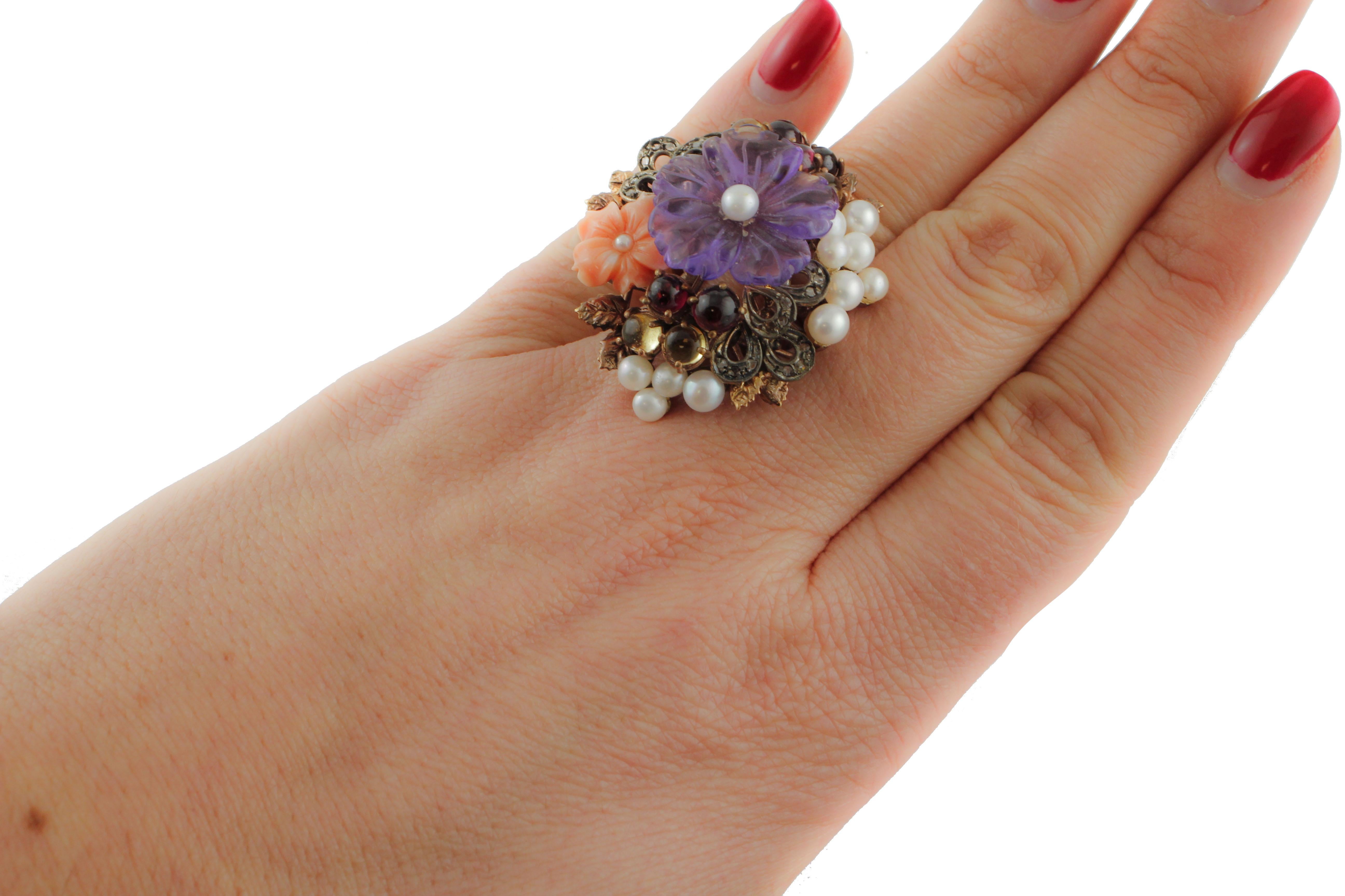 Diamonds Pearls Coral Topèazes Garnet Amethyst Rose Gold and Silver Ring For Sale 1