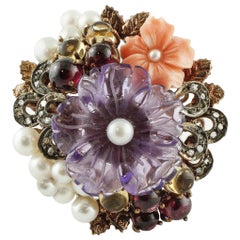 Retro Diamonds Pearls Coral Topèazes Garnet Amethyst Rose Gold and Silver Ring