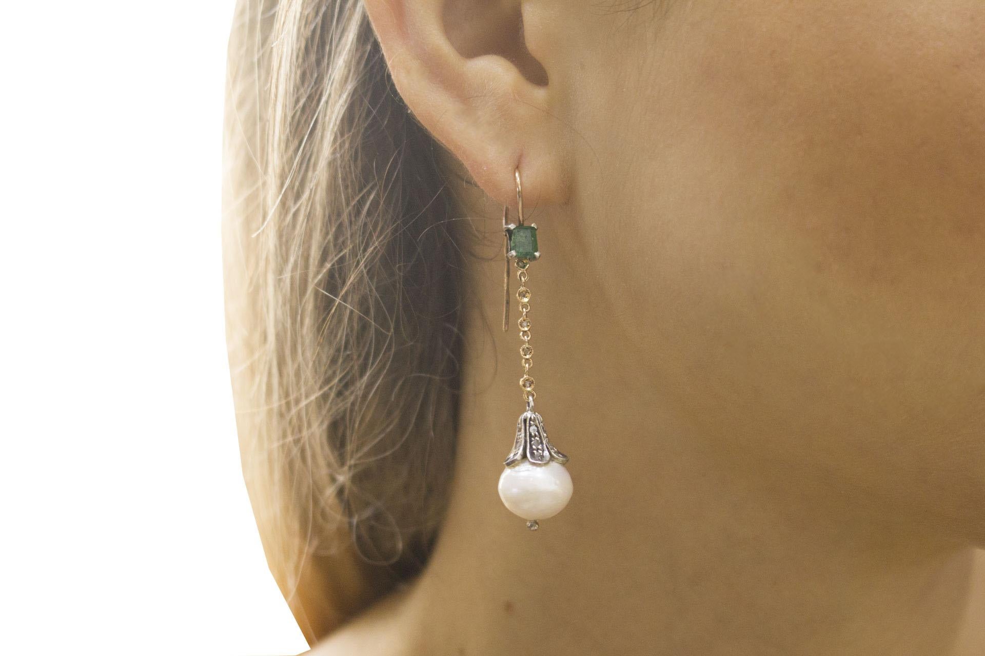 Women's or Men's Diamonds Pearls Emeralds Rose Gold and Silver Earrings