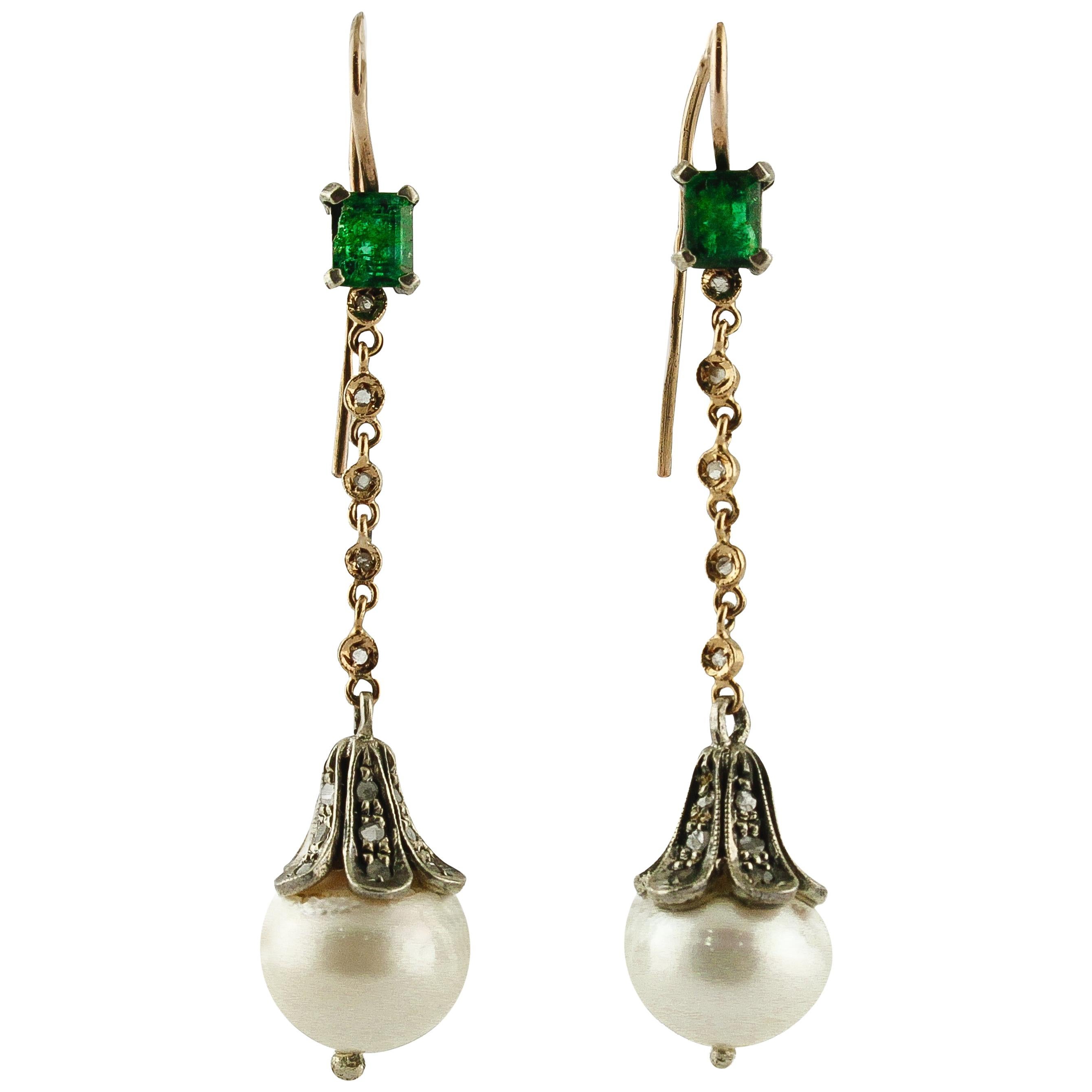 Diamonds Pearls Emeralds Rose Gold and Silver Earrings