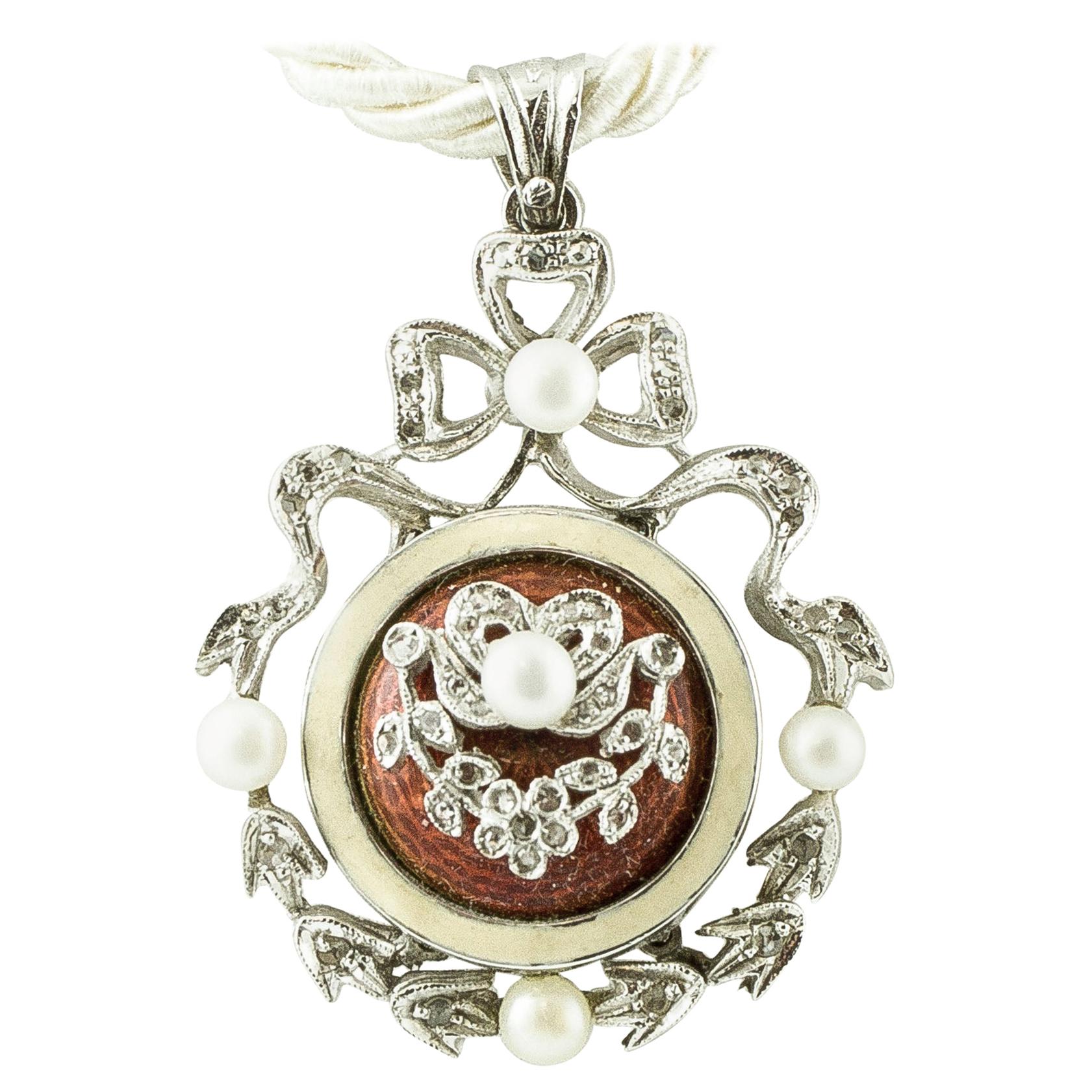 Diamonds, Pearls, Hard Stone, 14 Karat White Gold Retro Pendant