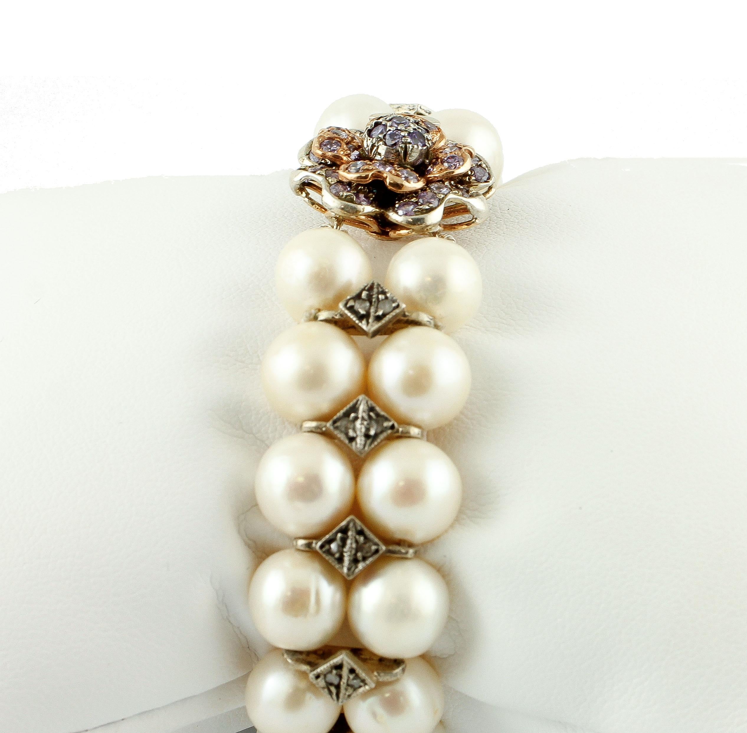 Retro Diamonds, Pearls, Hard Stone, 9 Karat Rose Gold and Silver Beaded Bracelet
