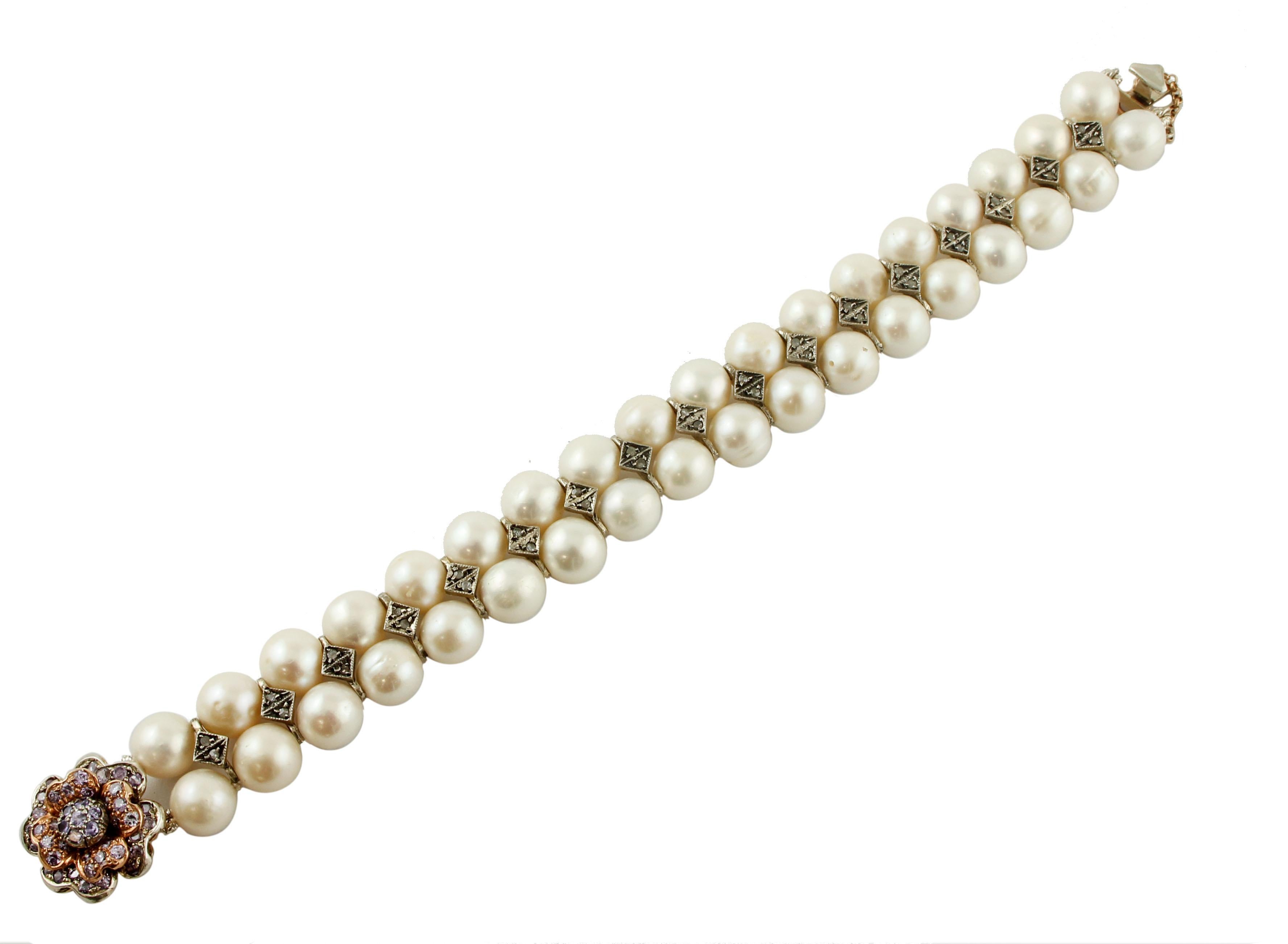 Diamonds, Pearls, Hard Stone, 9 Karat Rose Gold and Silver Beaded Bracelet In Excellent Condition In Marcianise, Marcianise (CE)