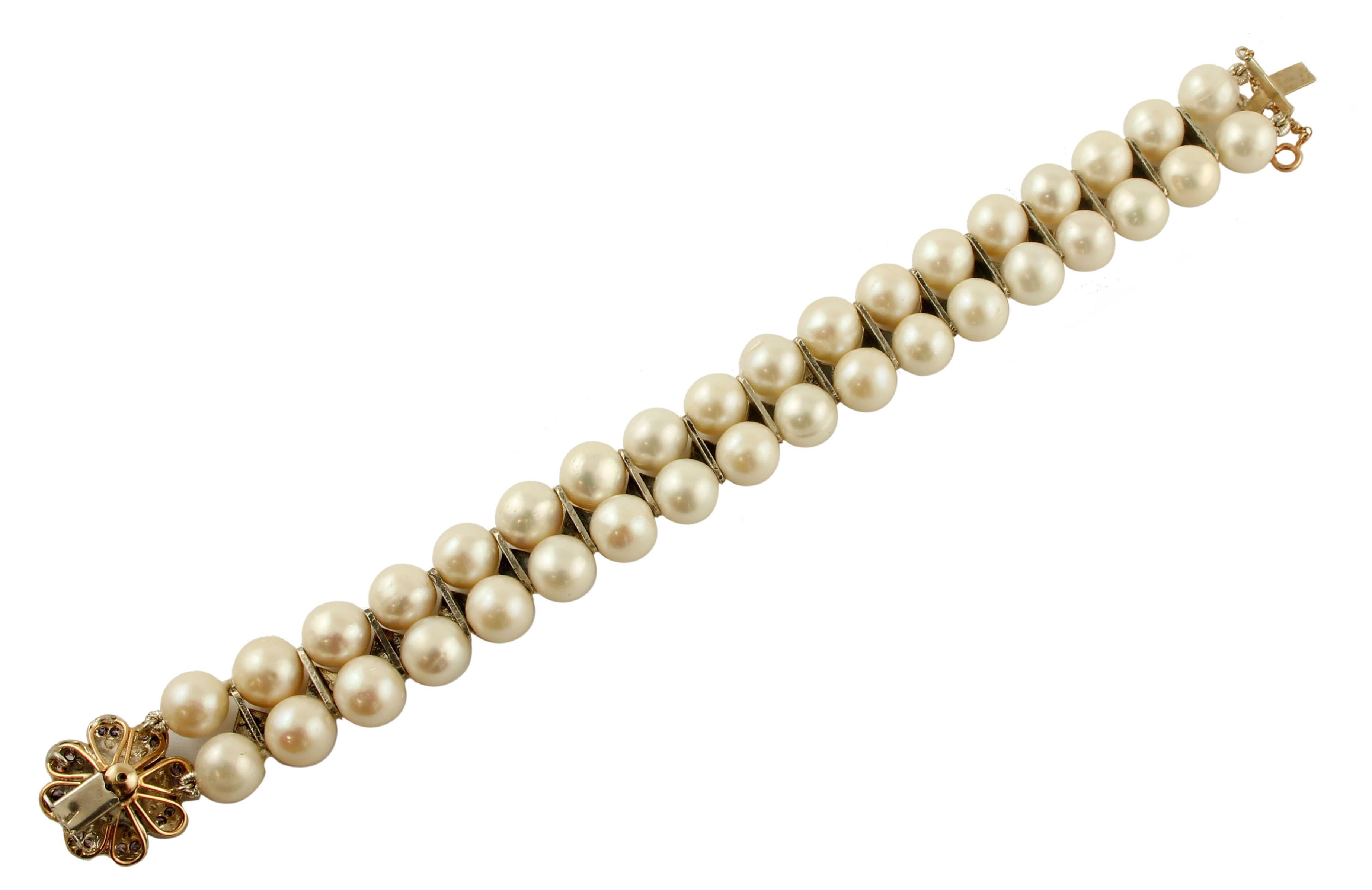 Women's Diamonds, Pearls, Hard Stone, 9 Karat Rose Gold and Silver Beaded Bracelet
