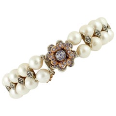 Diamonds, Pearls, Hard Stone, 9 Karat Rose Gold and Silver Beaded Bracelet