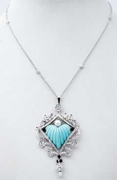 Diamonds, Pearls, Onyx, Turquoise, 18 Karat White Gold and Platinum Necklace