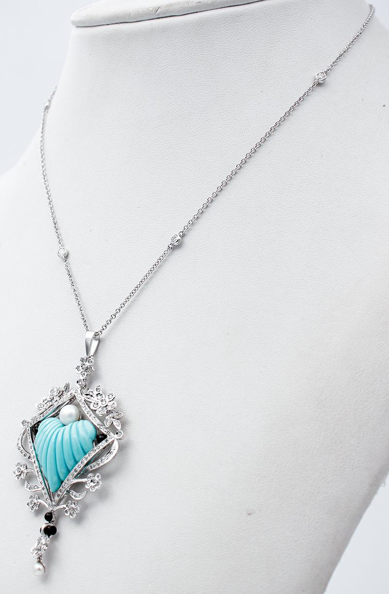 Retro Diamonds, Pearls, Onyx, Turquoise, 18 Karat White Gold and Platinum Necklace For Sale