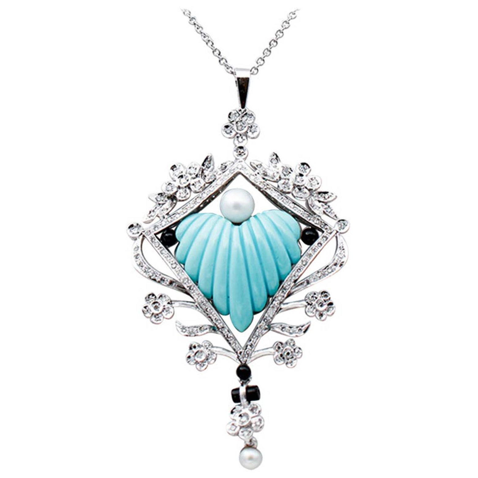 Collier en or blanc 18 carats, perles, onyx, turquoise et diamants
