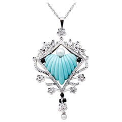 Collier en or blanc 18 carats, perles, onyx, turquoise et diamants