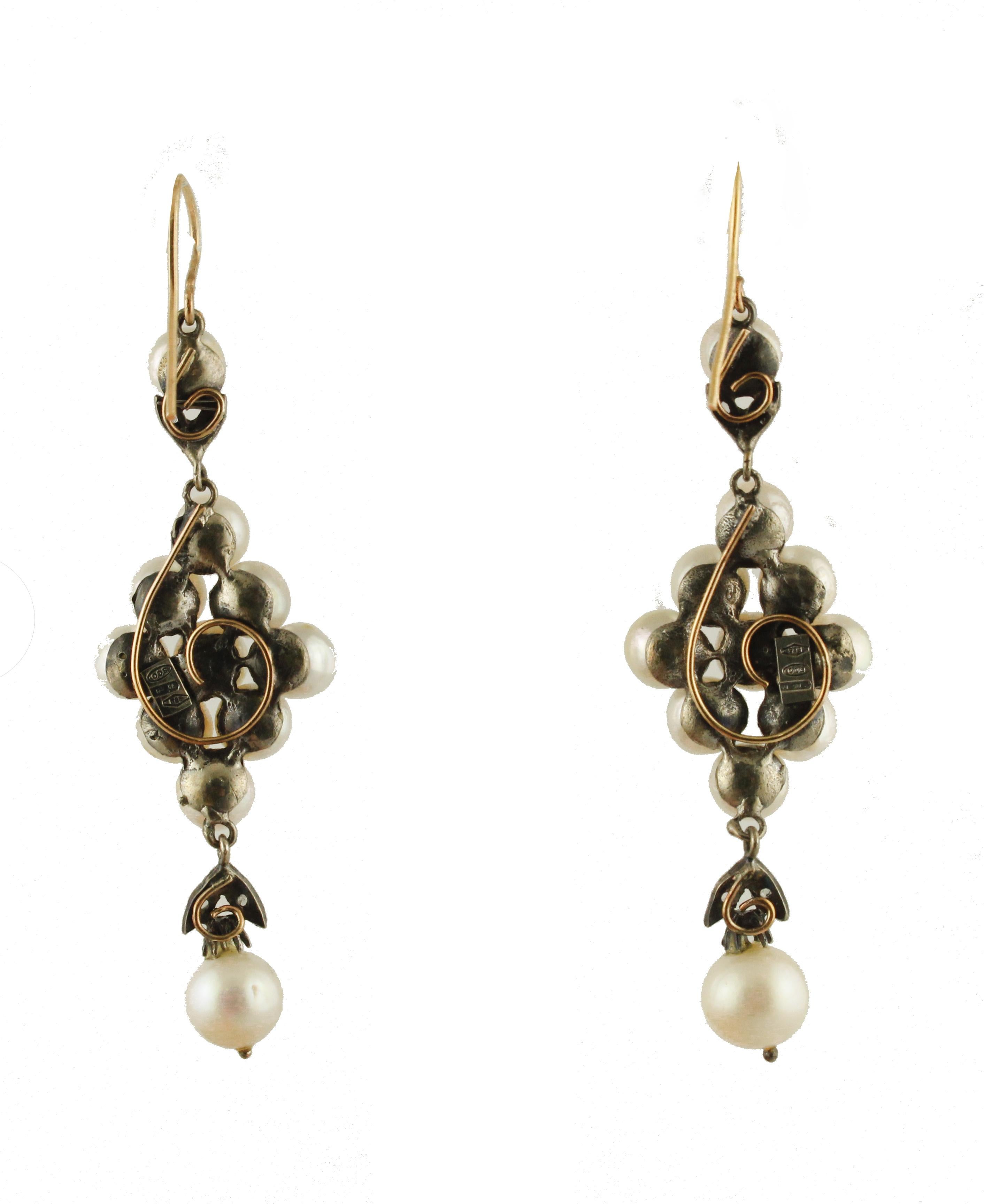 Retro Diamonds Pearls Rose Gold and Silver Earrings