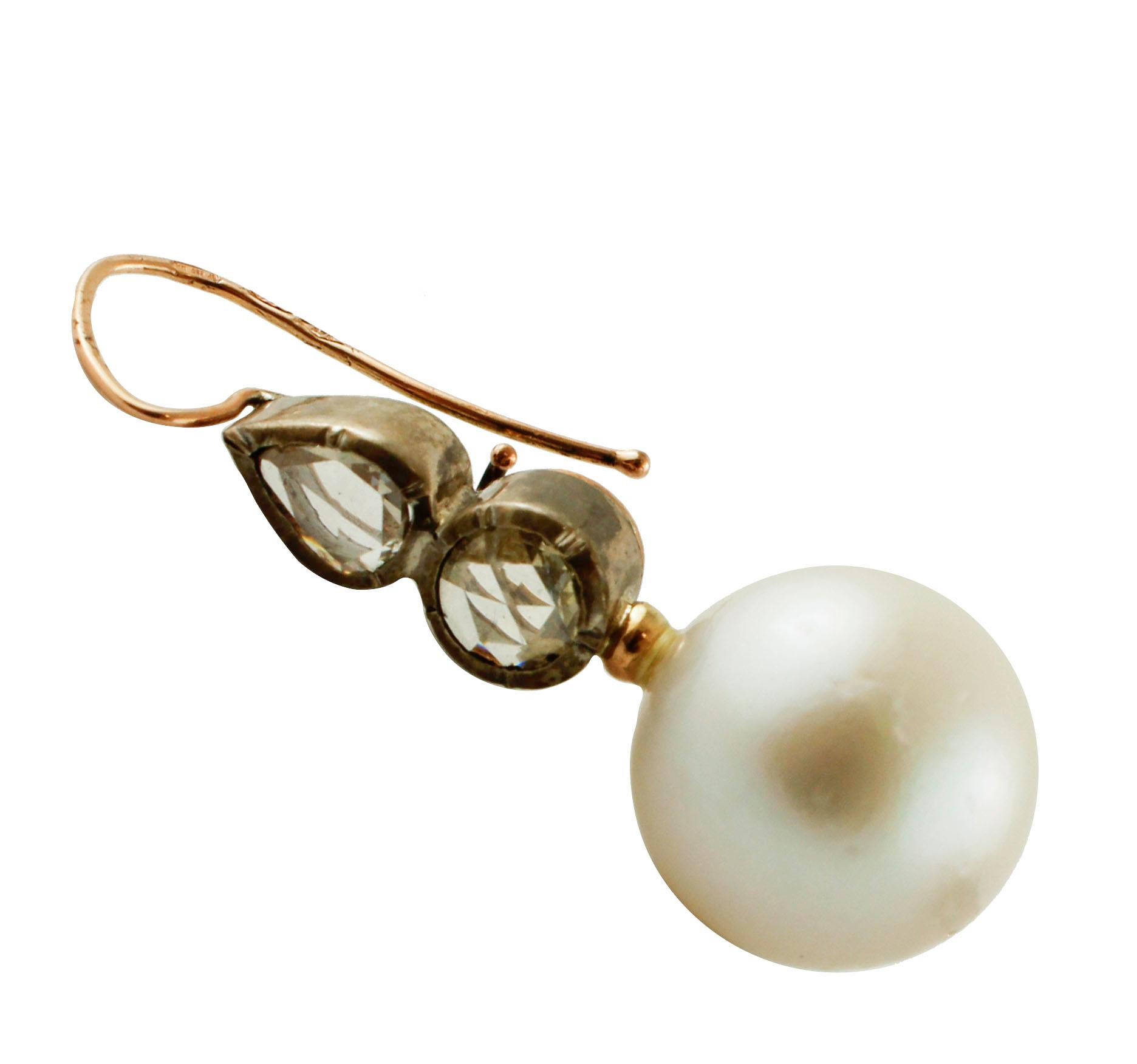 Retro Diamonds, Pearls, Rose Gold and Silver Level-Back Retrò Earrings For Sale