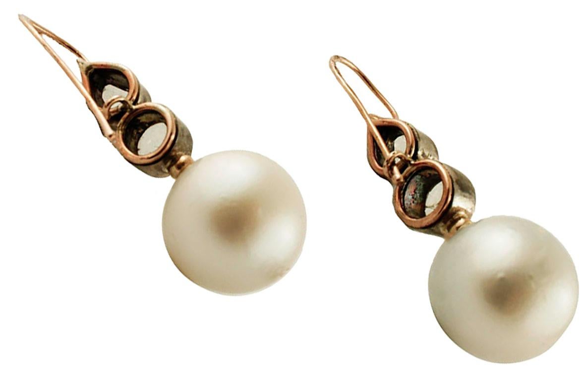 Rose Cut Diamonds, Pearls, Rose Gold and Silver Level-Back Retrò Earrings For Sale