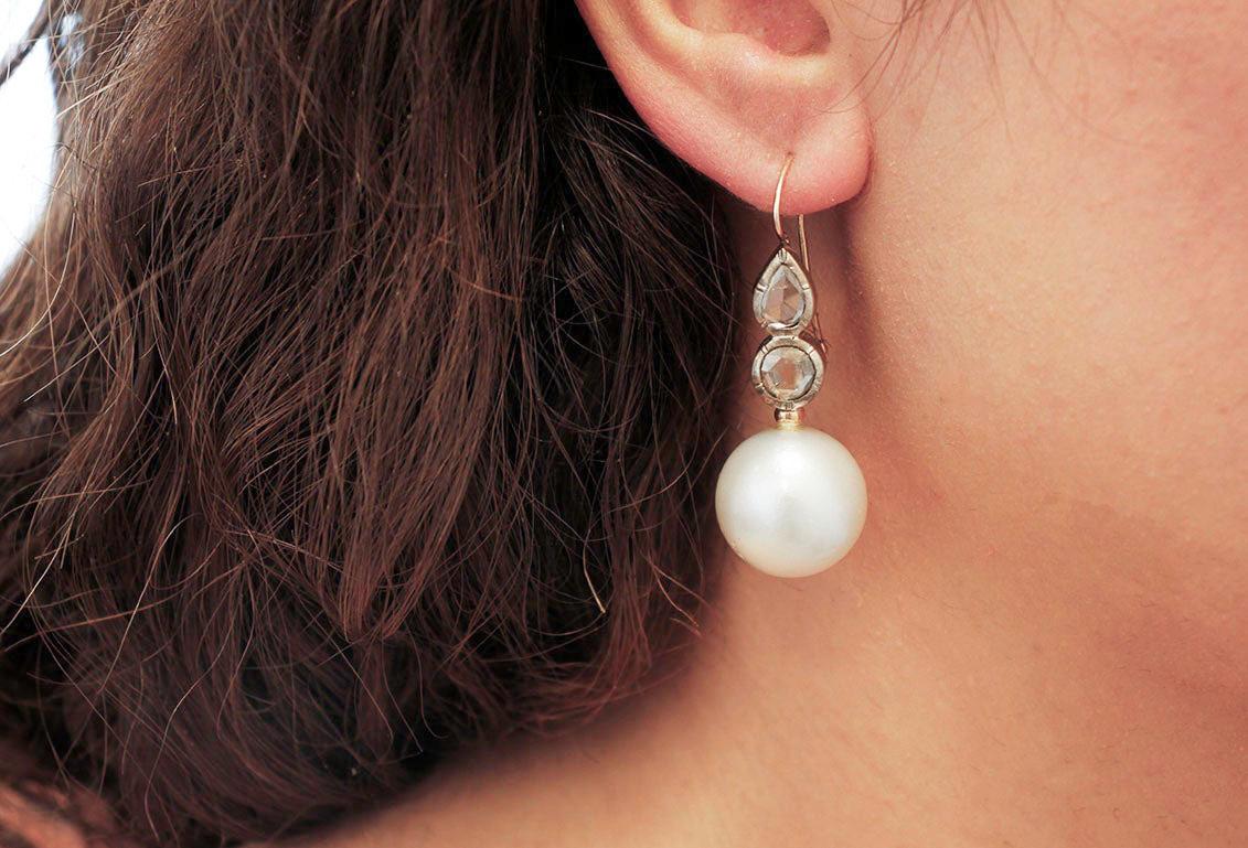 Women's Diamonds, Pearls, Rose Gold and Silver Level-Back Retrò Earrings For Sale
