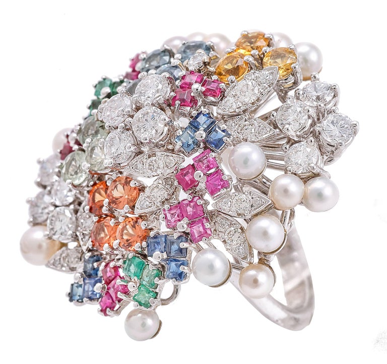 Diamonds Pearls Rubies Sapphires Emeralds White Gold Ring at 1stDibs