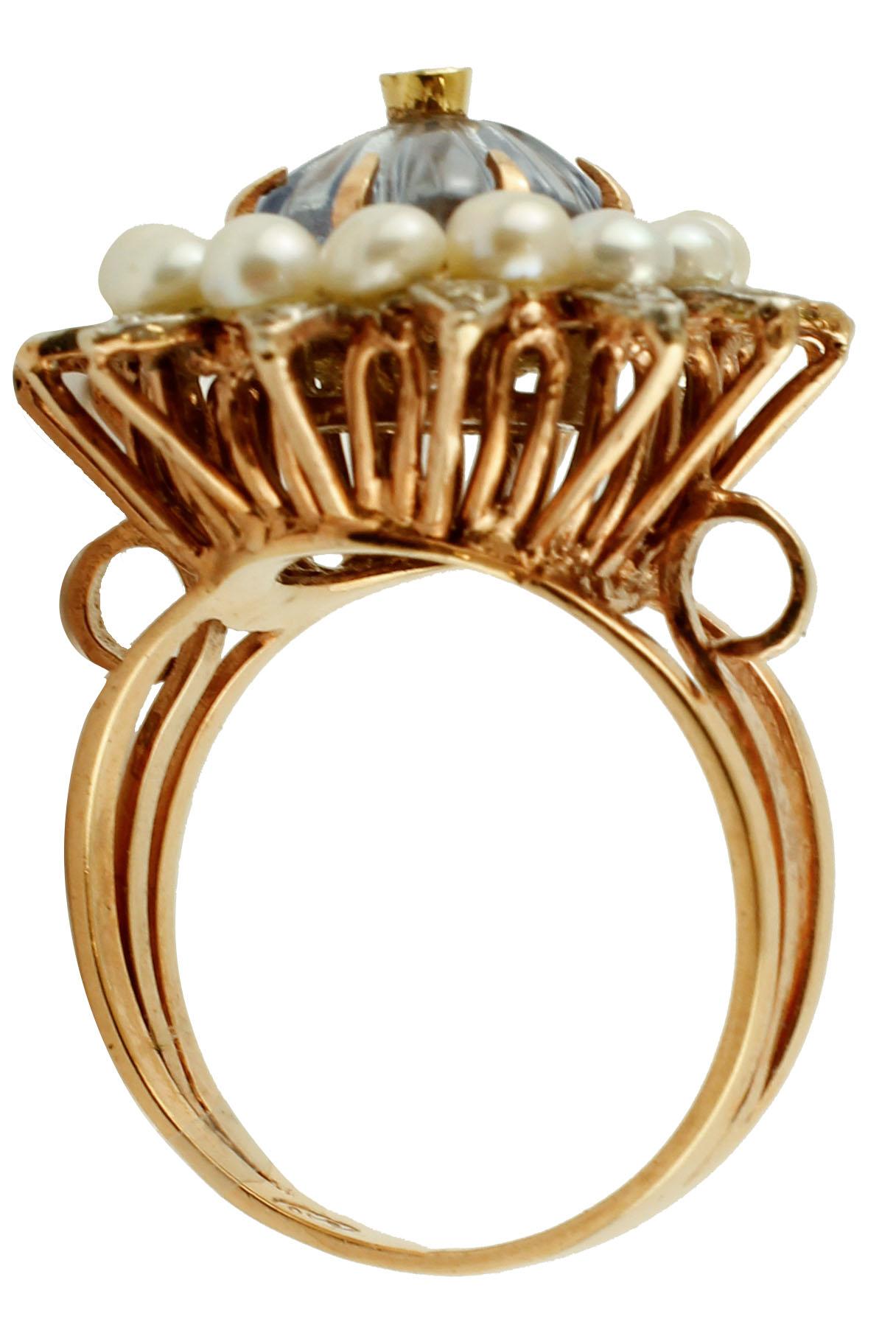 Round Cut Diamonds, Pearls, Sapphire, 9 Karat Rose Gold and Silver Ring