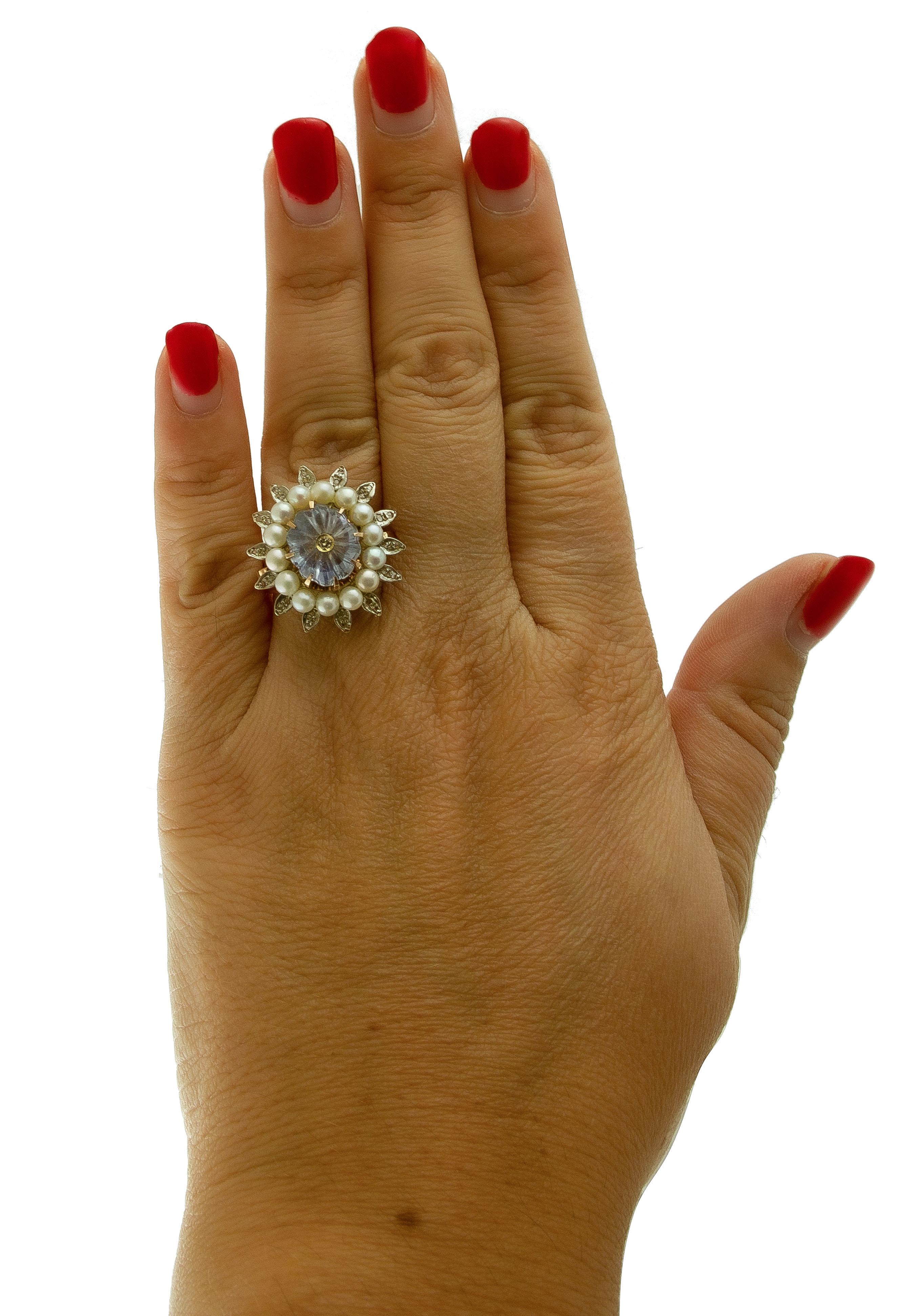 Women's Diamonds, Pearls, Sapphire, 9 Karat Rose Gold and Silver Ring