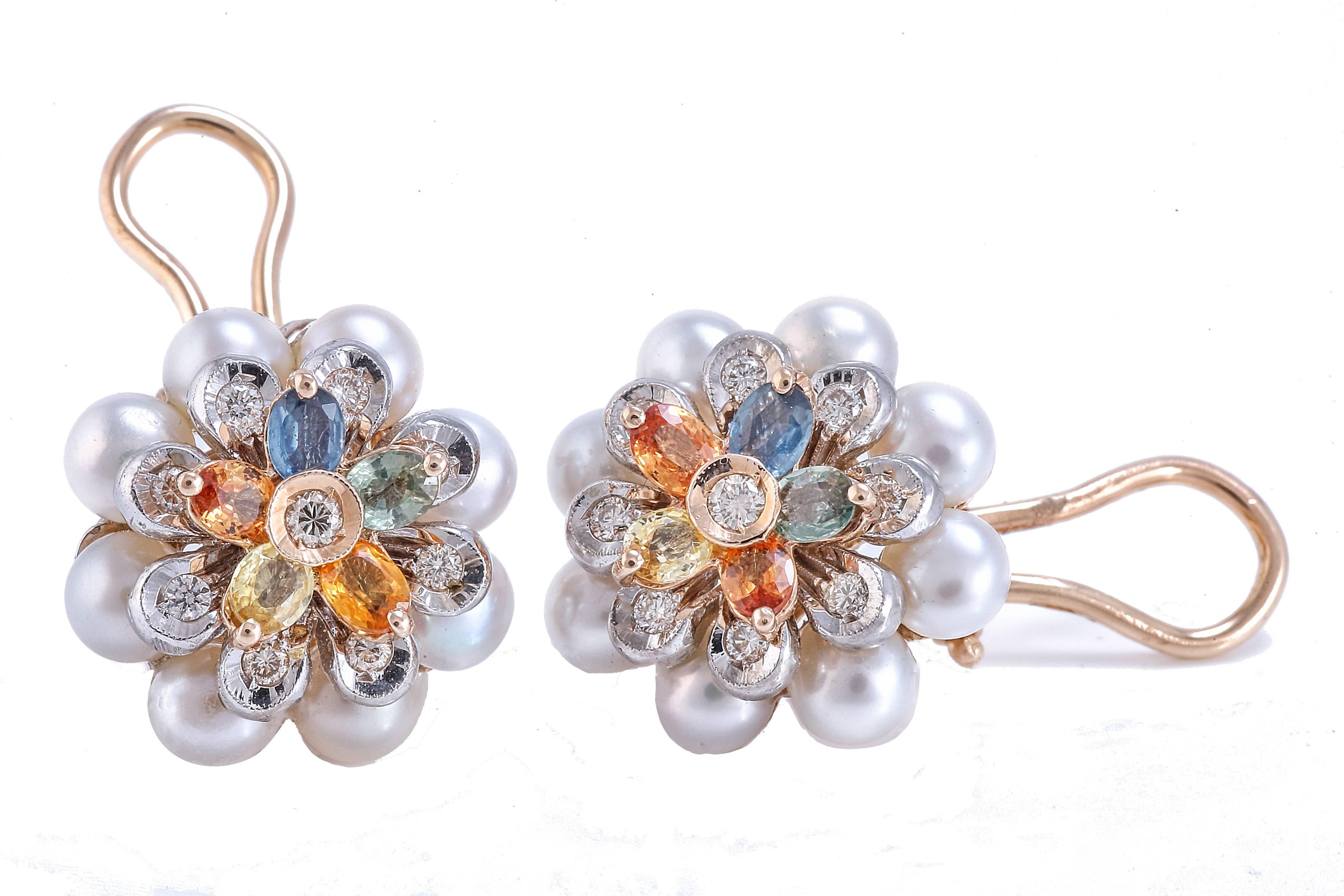 Retro Diamonds Pearls Sapphires Yellow and White Gold Earrings