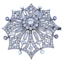 Snowflake Diamonds Pearls Brooch 18K White Gold, 1940