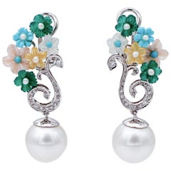 Diamonds, Pearls, Stones, Turquoise, Green Agate, Platinum Dangle Earrings