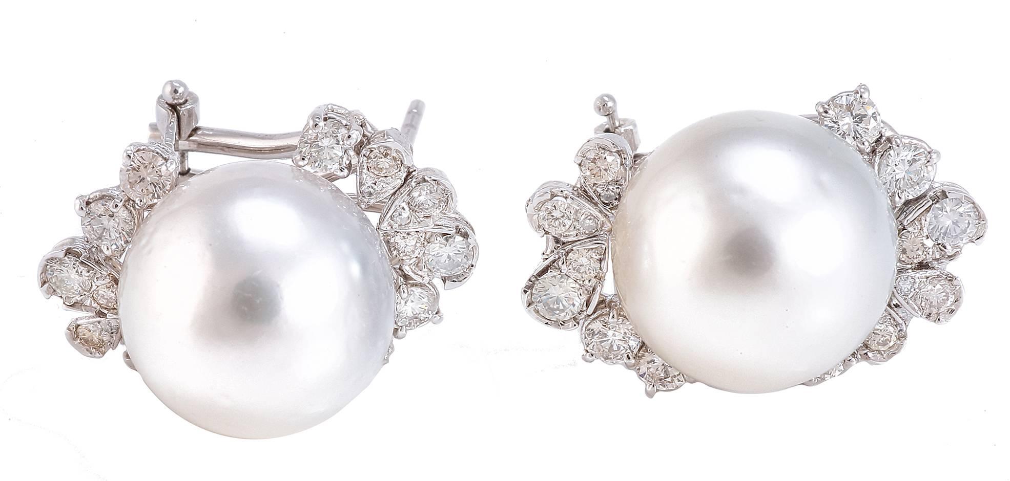 Retro Diamonds Pearls White Gold Earrings