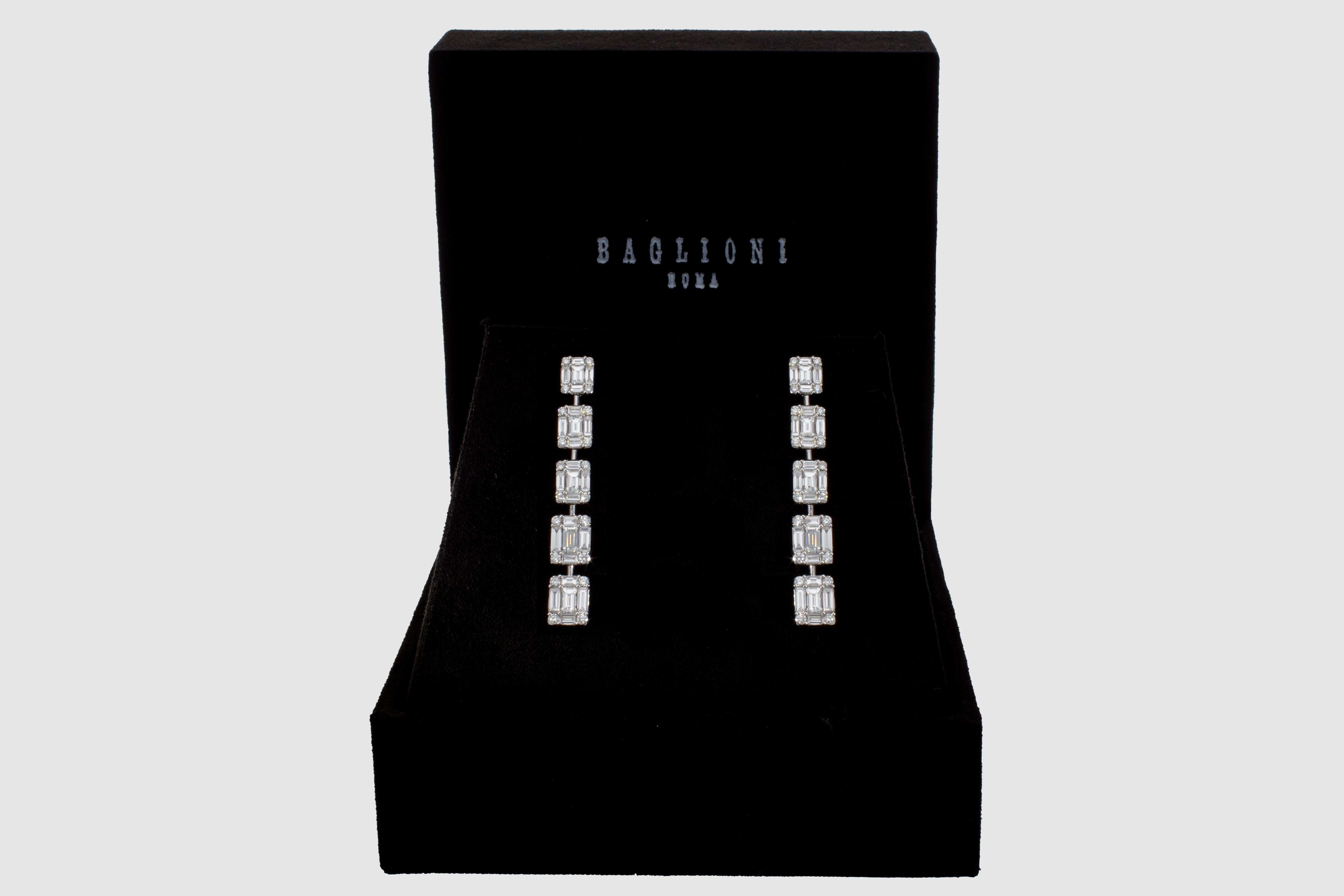 Modern 3.65 ct Drop Earrings of Diamonds, Diamond and Baguette Cut. 18 Kt White Gold For Sale