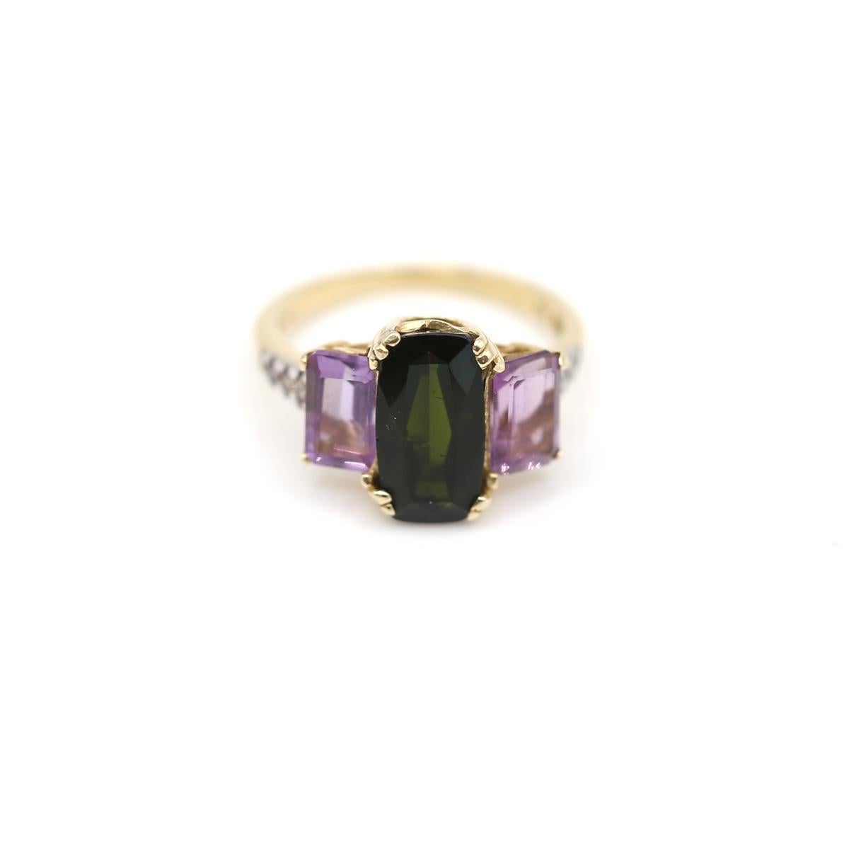 Diamonds Peridot Amethyst Suffragist Ring 14K Yellow Gold, 1890 en vente 4