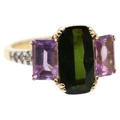 Diamonds Peridot Amethyst Suffragist Ring 14K Yellow Gold, 1890