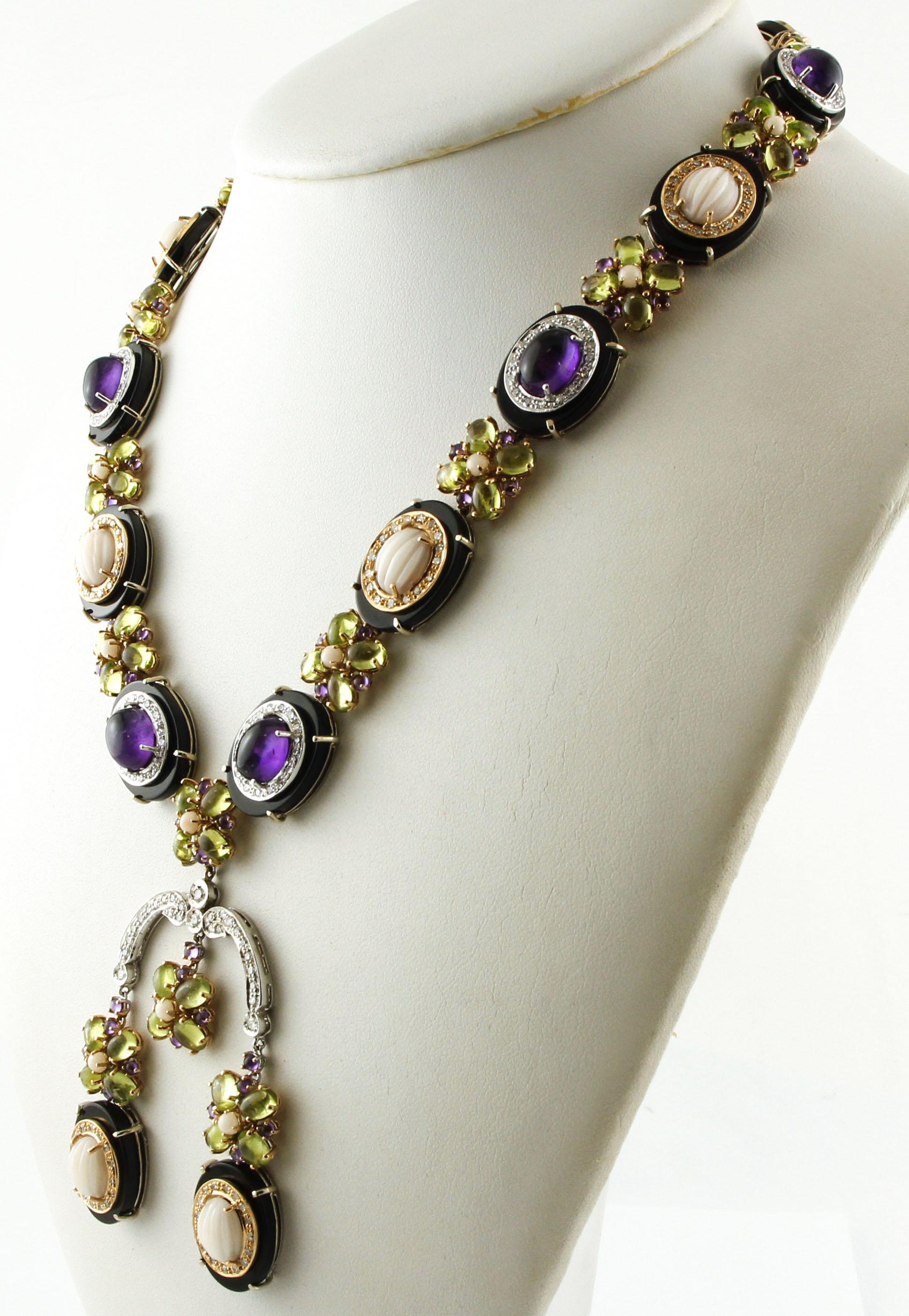 Retro Diamonds, Peridots, Amethysts, Pink Corals, Onyx, White/Rose Gold Necklce For Sale